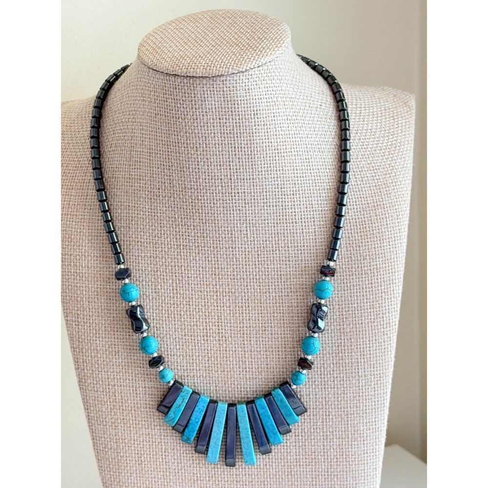 Southwestern Faux Turquoise & Metallic Hematite Stick Bead Statement Necklace